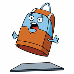A terrified backpack character plummets toward a flat surface in a cartoon illustration with bold outlines and bright colors.