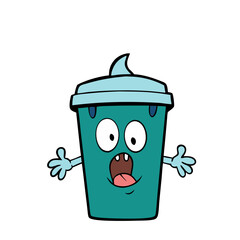 A surprised teal trash can character with big eyes and an open mouth, playfully reaching out with light blue arms against a white background.