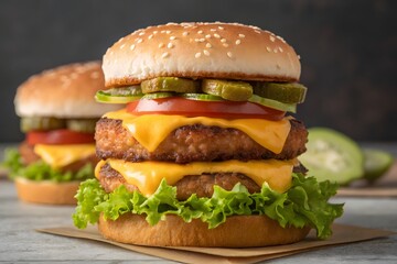 A towering 3-layer burger stacked with juicy patties, fresh lettuce, cheese, tomatoes, onions, and sauces, served in a sesame seed bun. A mouthwatering fast food favorite.