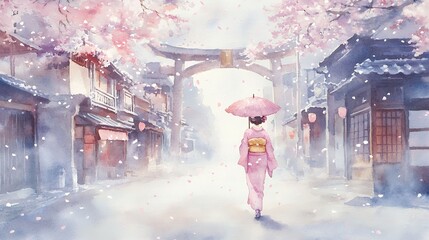 着物女性と桜吹雪の鳥居参道