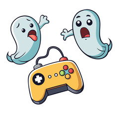 Two playful cartoon ghosts are spooked by a bright yellow video game controller in a fun, whimsical illustration with bold outlines and bright colors.