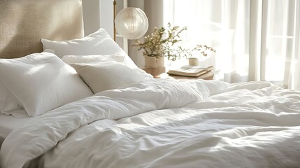 a bed with white sheets and pillows