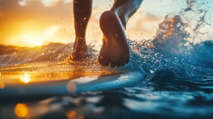 Surfer Walking on Water at Sunset