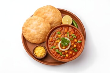 Aloo Chole Sabji served with hot, fluffy puris on a traditional plate. This classic North Indian meal features spiced potato and chickpea curry paired with deep-fried Indian bread.