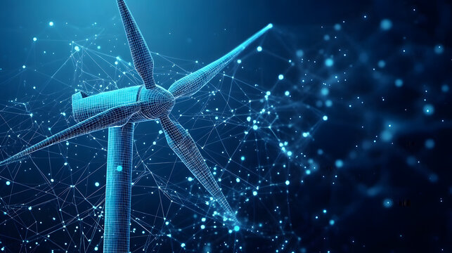 Wind Energy. Wind turbine farm. Sustainable or Green power concept. Polygonal wireframe vector illustration. Windmill in digital low poly sketch style with connected dots, lines on blue background.