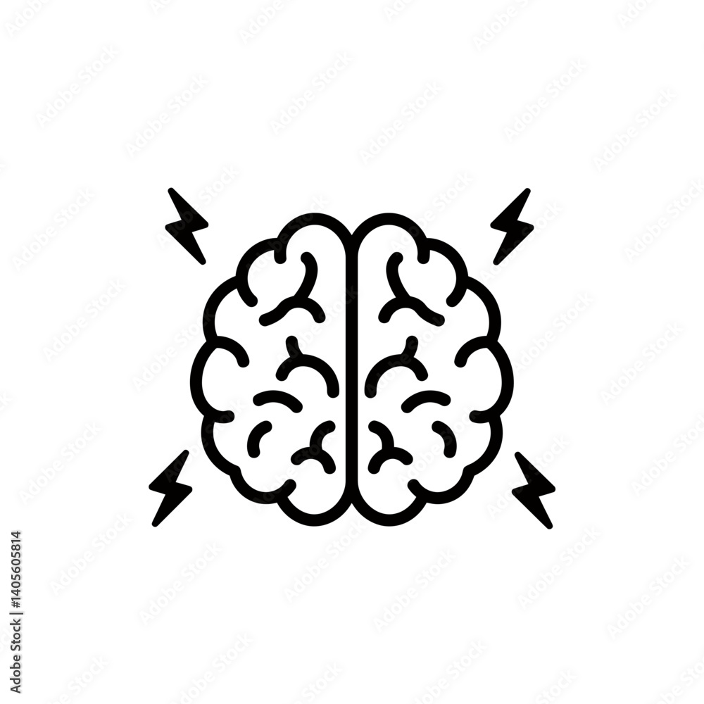 Poster brainstorming power: a dynamic illustration of a brain with lightning bolts symbolizing intense ment