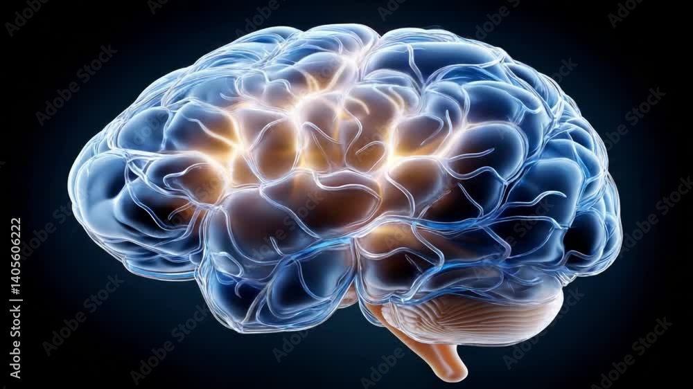 Poster illuminated brain: a detailed anatomical rendering of a human brain, glowing with inner light, highl