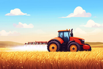 Fototapeta premium Agricultural Efficiency: A vibrant illustration of a tractor spraying crops in a sun-drenched field under a clear, blue sky, symbolizing modern farming practices.