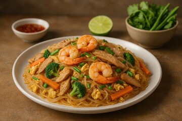 Traditional Thai Stir-Fried Glass Noodles Pad Woon Sen (ผัดวุ้นเส้น) with Shrimp, Vegetables and Lime

