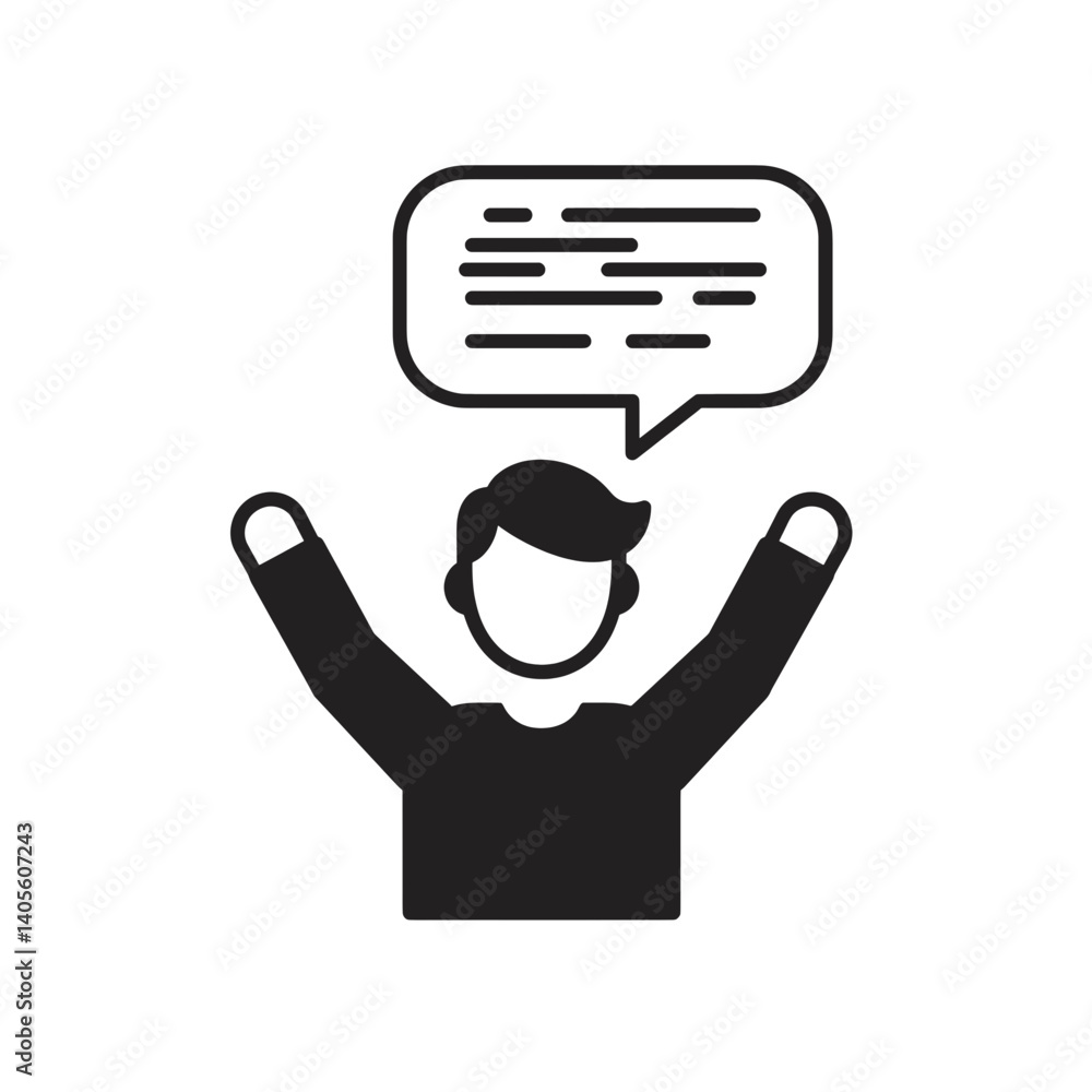 Poster happy idea: a simple illustration of a person with arms raised in joy, a speech bubble above their h