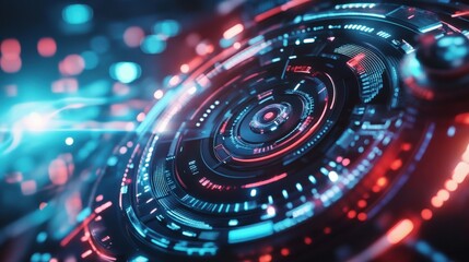 A futuristic close-up of a spinning jog wheel on a professional DJ setup, reflecting laser lights, with copy space