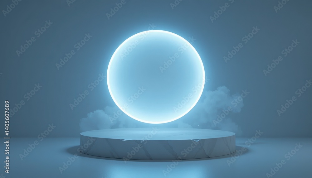 Poster floating blue sphere illuminated on a platform minimalist design digital art studio setting central 