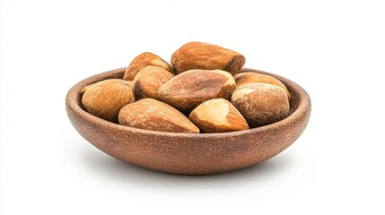 Obraz premium Freshly Harvested Whole Nuts in Wooden Bowl on White Background