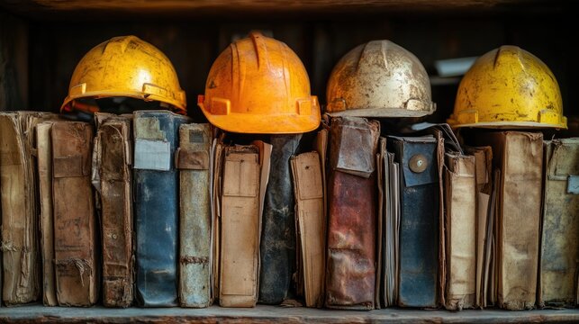 Vintage hard hats rest atop a collection of aged workbooks.