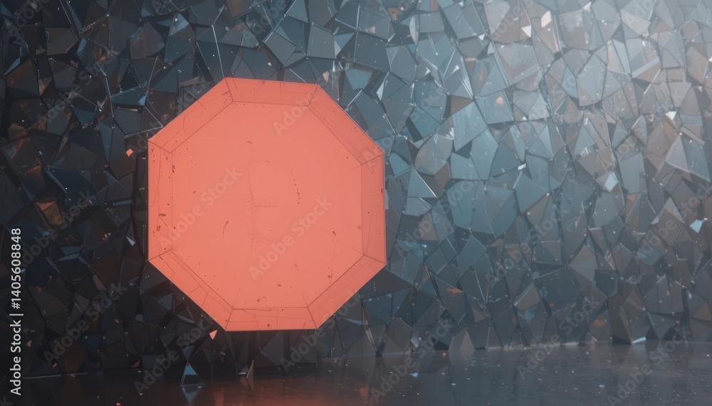 Poster dynamic octagonal sculpture display in modern art gallery focused on innovative design and textures 