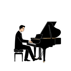Pianist at the Grand: A silhouette of a musician lost in the melodies of a grand piano. His fingers dance effortlessly on the keys, creating a harmonious symphony of sound.