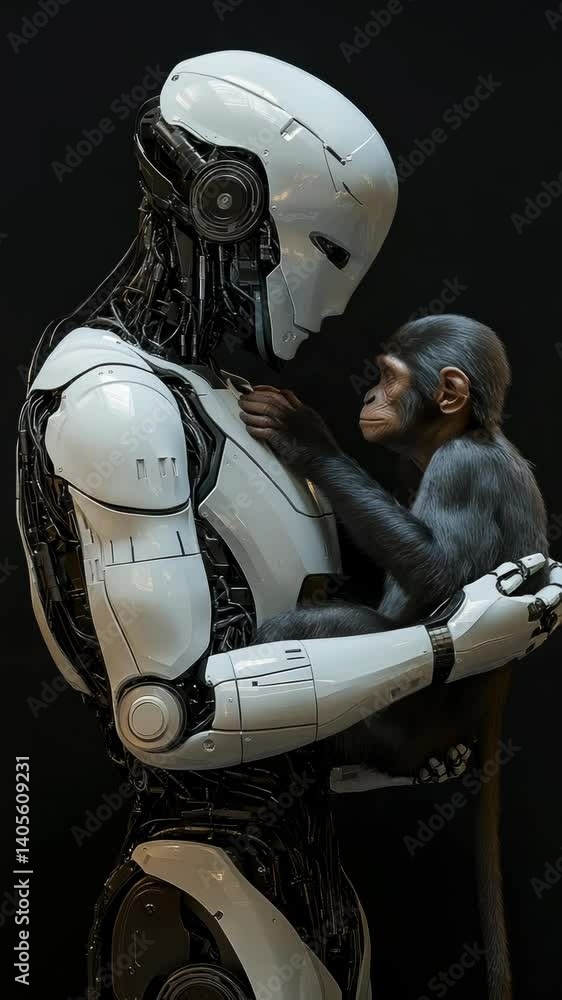 Poster advanced ai humanoid robot interacting with a chimpanzee, exchanging a symbolic gesture, representin