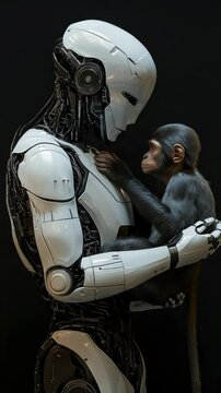Advanced AI humanoid robot interacting with a chimpanzee, exchanging a symbolic gesture, representing artificial intelligence, evolution, and the connection between technology and nature in a dark fut