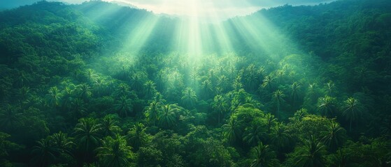 Obraz premium Sunbeams cascade over the lush green canopy of a dense tropical forest, creating a serene atmosphere