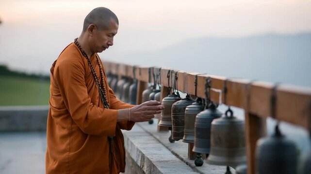 Experience the tranquil ambiance of dawn with temple bells resonating in peaceful surroundings.