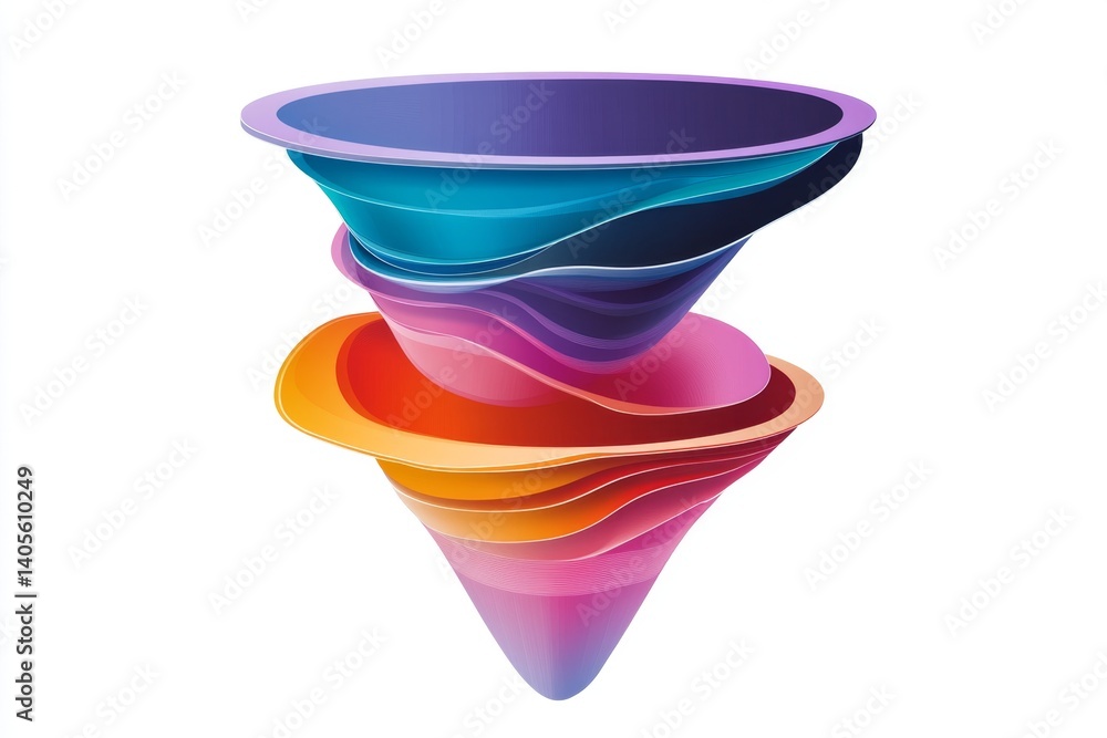 Poster colorful layered funnel design. multi-colored, layered shapes create a funnel-like form, with flowin