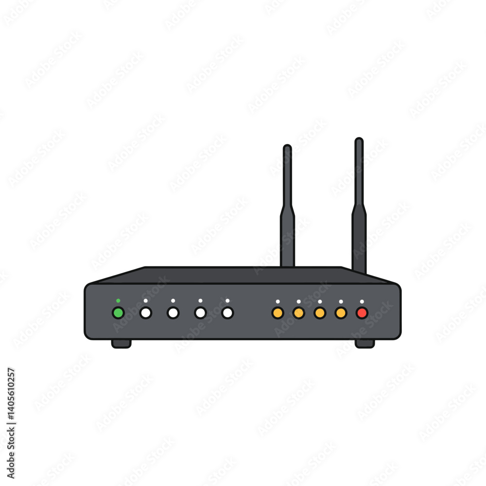 Poster wireless router icon: a clean and simple illustration of a modern wireless router, featuring dual an