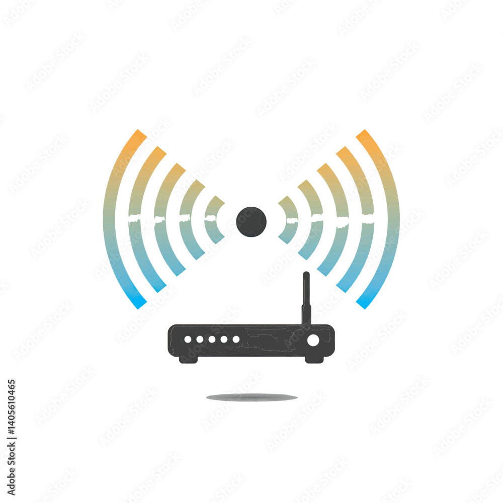 Poster wireless router connectivity: a graphic illustration of a modern router, broadcasting signal, symbol