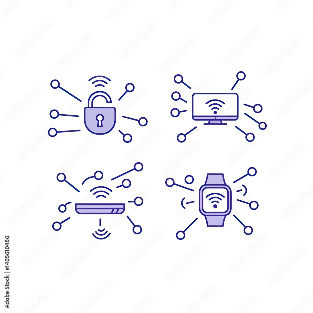 Poster internet of things icons set: a modern set of four line icons representing the internet of things wi