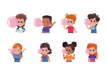 Colorful Cute Children Blowing Bubble Gum Illustration Set