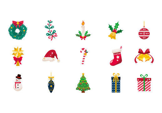 Colorful Traditional Holiday Decorative Elements Icons Set