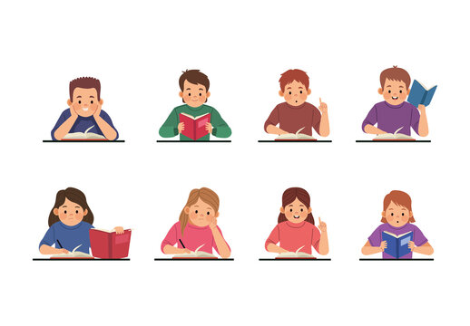 Colorful Happy Children Learning And Reading Illustration Set