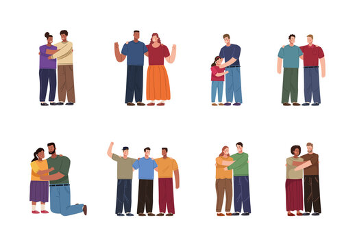 Colorful Friendly People Hugging Illustration Set