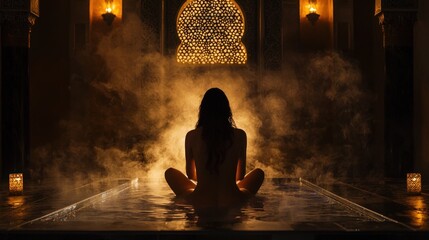 Serene Relaxation: A Woman Meditates in a Mystical Hammam