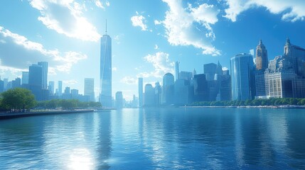 Obraz premium Cityscape view with river and buildings. Clear blue sky with clouds and sunny day reflecting on the water