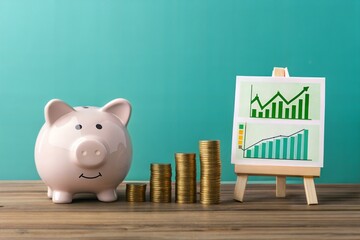 Piggy bank with money on a table and graph showing savings and investment growth