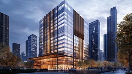 Fototapeta premium City light at sunset with urban glass tower and trees high resolution picture