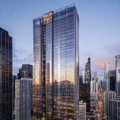 Obraz premium Colorful reflections of sunset on architectural glass panels high resolution picture