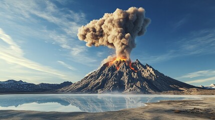 Volcanic eruption with lava flow and smoke plume