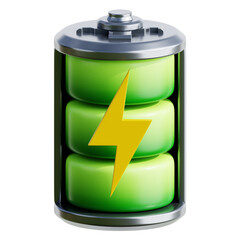 3D icon of Battery representing Earth Day theme, designed with a vibrant green and blue color surrounded by eco-friendly elements. The icon embodies the spirit of environmental awareness.