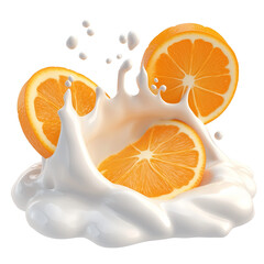 Milk or yogurt splash with orange slices isolated on transparent background, 3d rendering