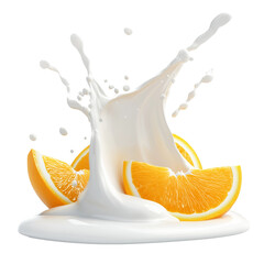 Milk or yogurt splash with orange slices isolated on transparent background, 3d rendering