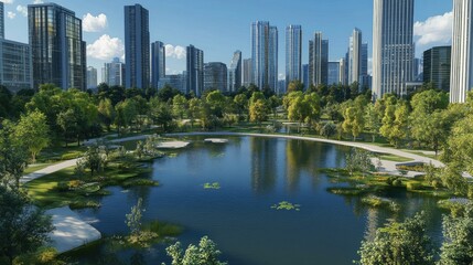 Lush urban park with a serene lake amidst modern skyscrapers