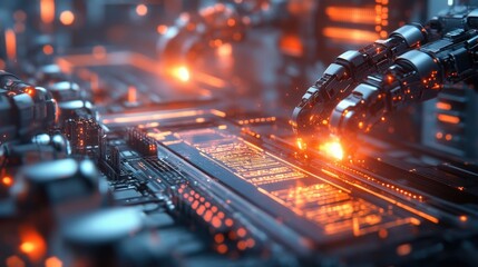 A glowing digital representation of an automated factory system with softly illuminated industrial robotic arms