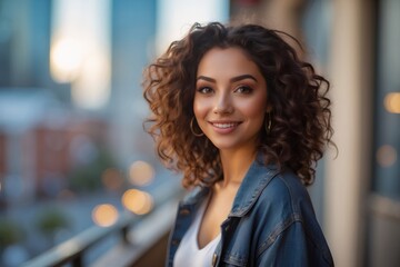 Obraz premium Portrait of a beautiful young woman smiling on a balcony in the city during sunset