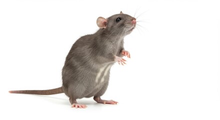 Gray rat standing upright on its hind legs, with a slightly arched back and front paws raised as if reaching