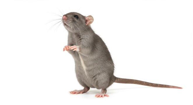 Gray rat standing upright on its hind legs, with a slightly arched back and front paws raised as if reaching