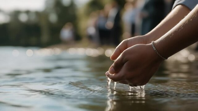 Serene river baptism ceremony captured with sunlight streaming through the trees.