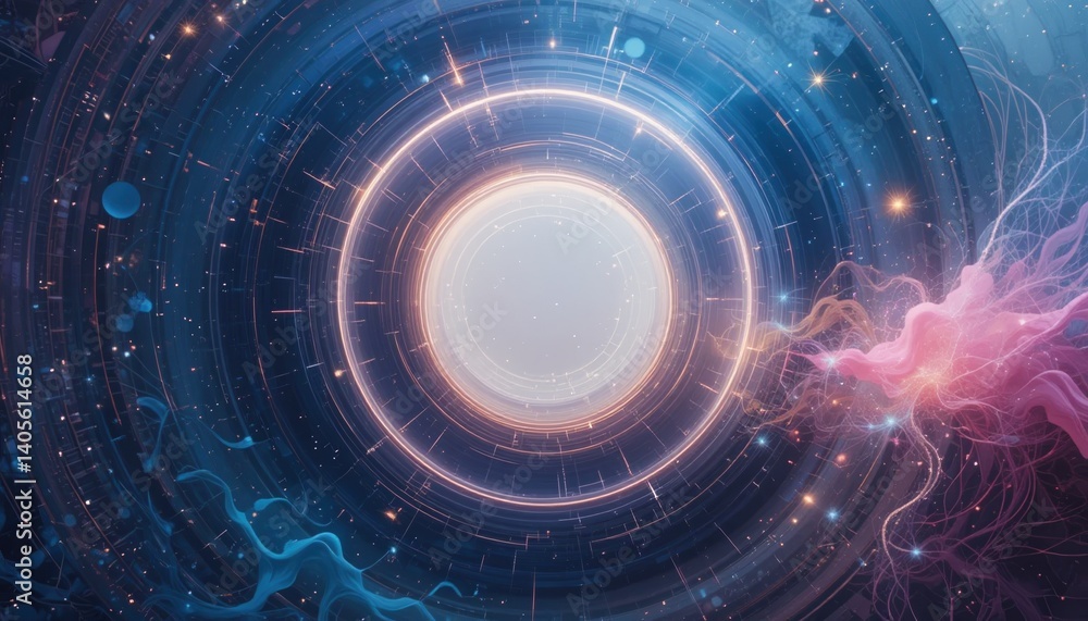 Poster exploring cosmic wonders abstract digital art virtual space visual representation technological envi