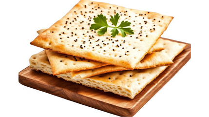Fototapeta premium Isolated Food Photo of Crispy Crackers on Wooden Board with Parsley
