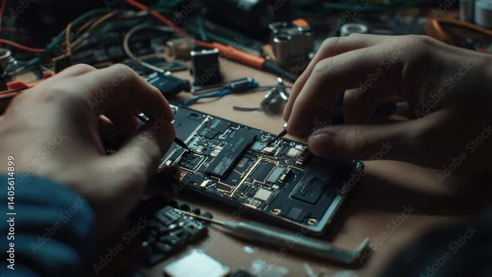 Poster close-up of hands working on a circuit board with electronic components in a workshop environment